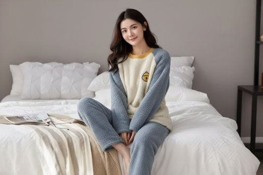 smiling woman on bed weraing white a d blue pajamas from KUSHIE
