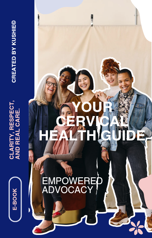 Cover of 'Your Cervical Health Guide' from KUSHIE with a group of women and text about cervical health.