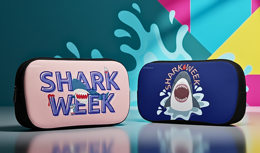 Two 'Shark Week' themed cases, one pink and one blue, with shark illustrations on a colorful background.