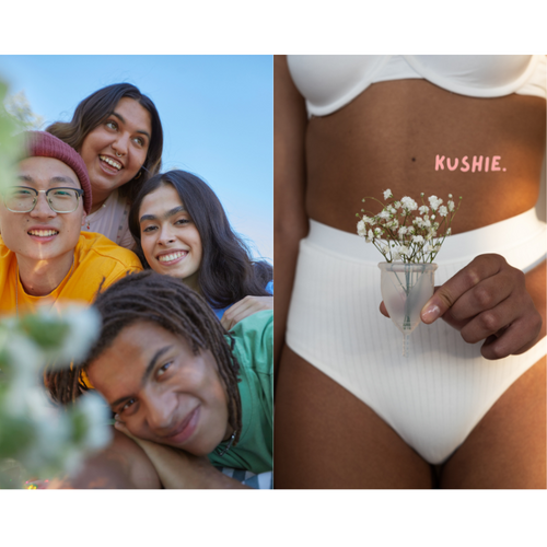 The image shows a collage of two photos. The left photo features a group of smiling people with diverse backgrounds, and the right photo displays a close-up of a menstrual cup in use, with the brand name 'KUSHIE' visible on the person's lower abdomen.
