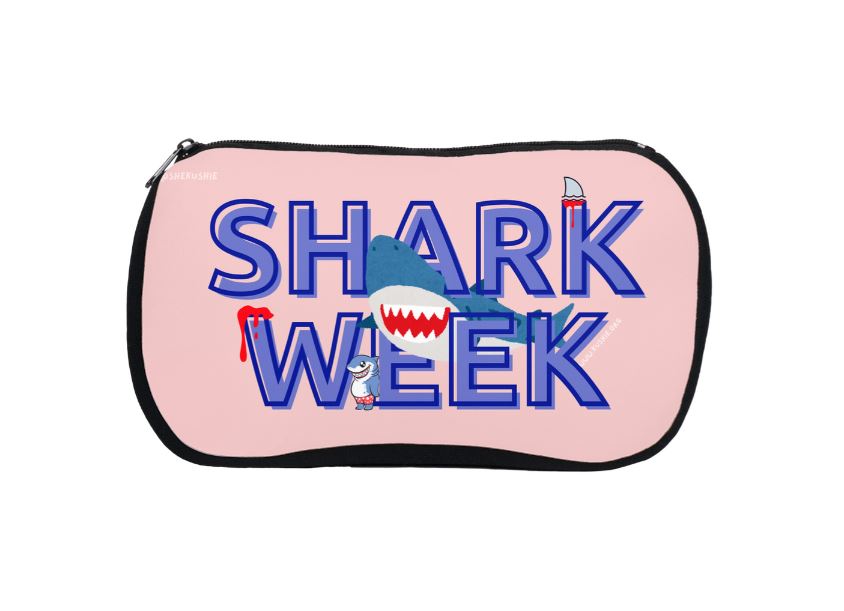 Pink pouch with 'Shark Week' text and shark graphics on a white background