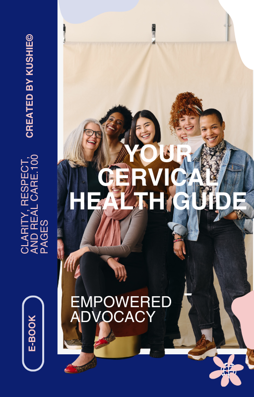 Cover of 'Your Cervical Health Guide' with a group of people and text on a blue background