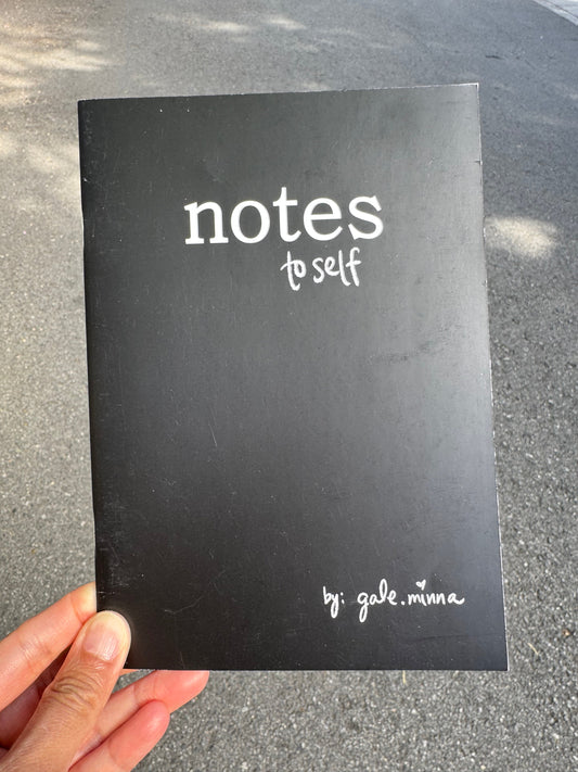Black notebook cover with white 'notes to self' text and 'by: gale munna'