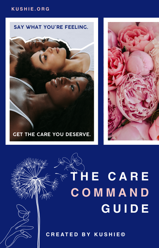 Cover of 'The Care Command Guide' by Kushie.org featuring two women and pink flowers on a blue background.