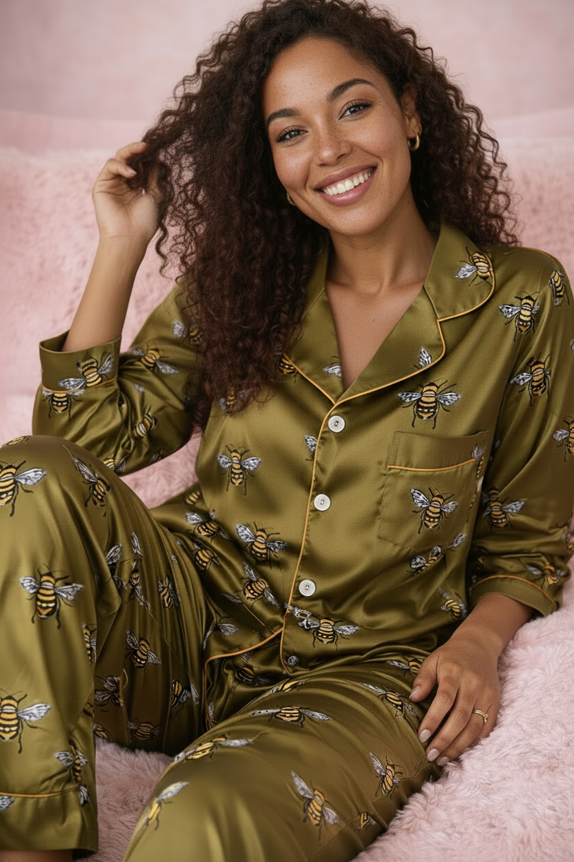 Woman wearing a green satin pajama set with bee patterns on a pink background