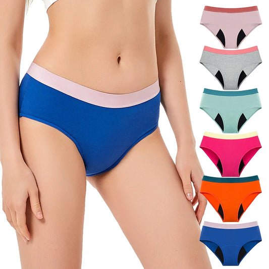 Woman wearing blue underwear with inset images of other colored underwear options.