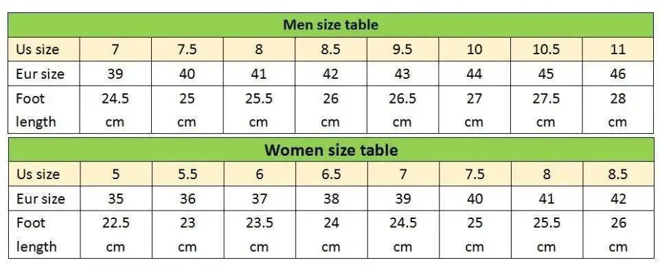 Size chart comparing men's, women's, US size, EUR size, and foot length.