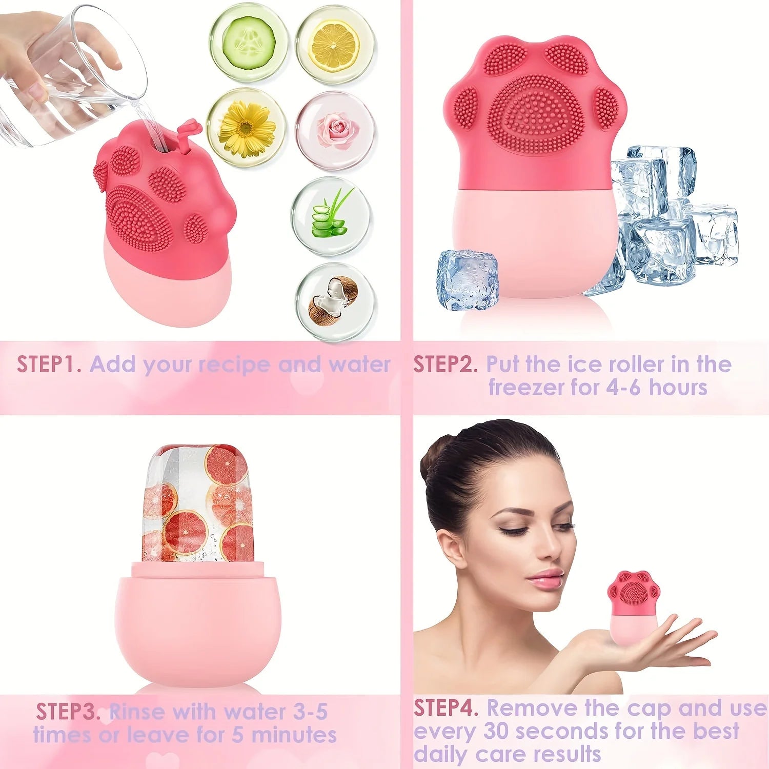Pink ice roller with step-by-step usage instructions on a white background