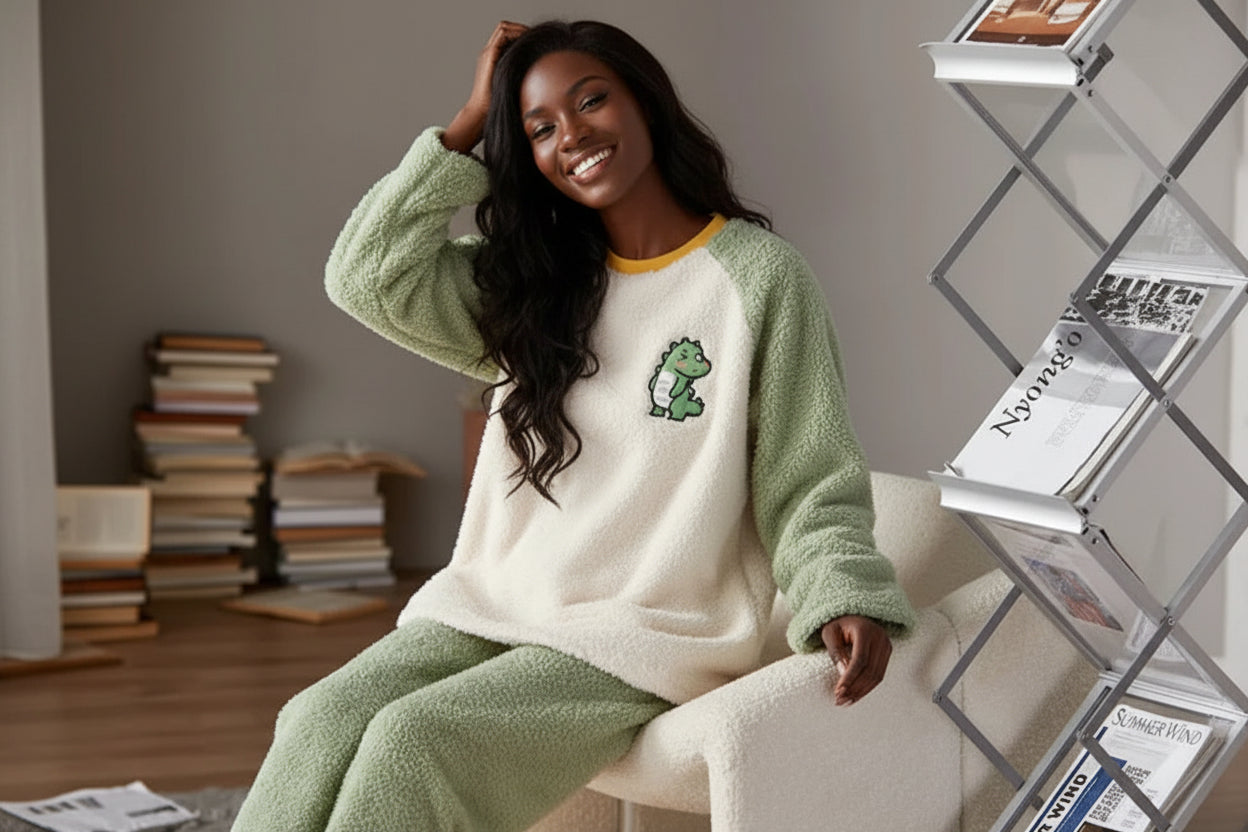 Woman wearing a green and white outfit with a dinosaur design, sitting on a chair in a room with books and magazines.