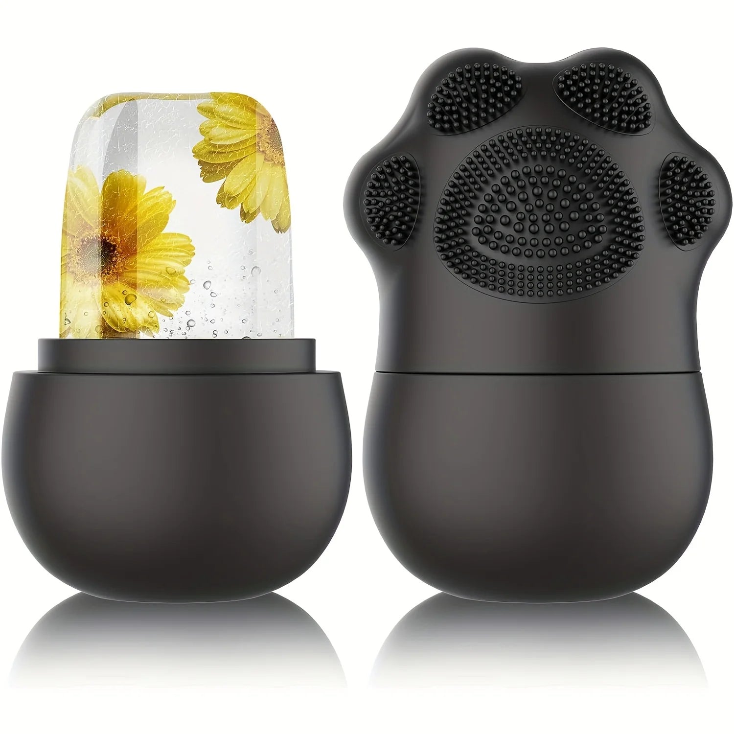 Black facial cleanser with floral design on one side and textured surface on the other, on a white background.