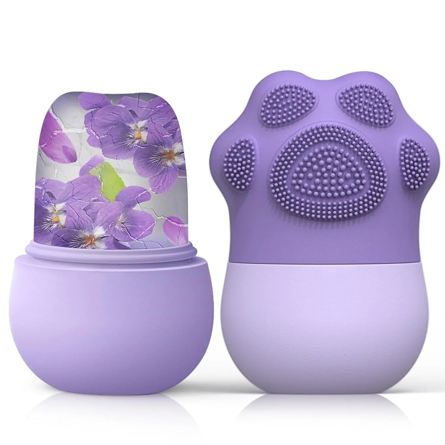 Purple pet toy with floral design on one side and textured paw print on the other, on a white background.