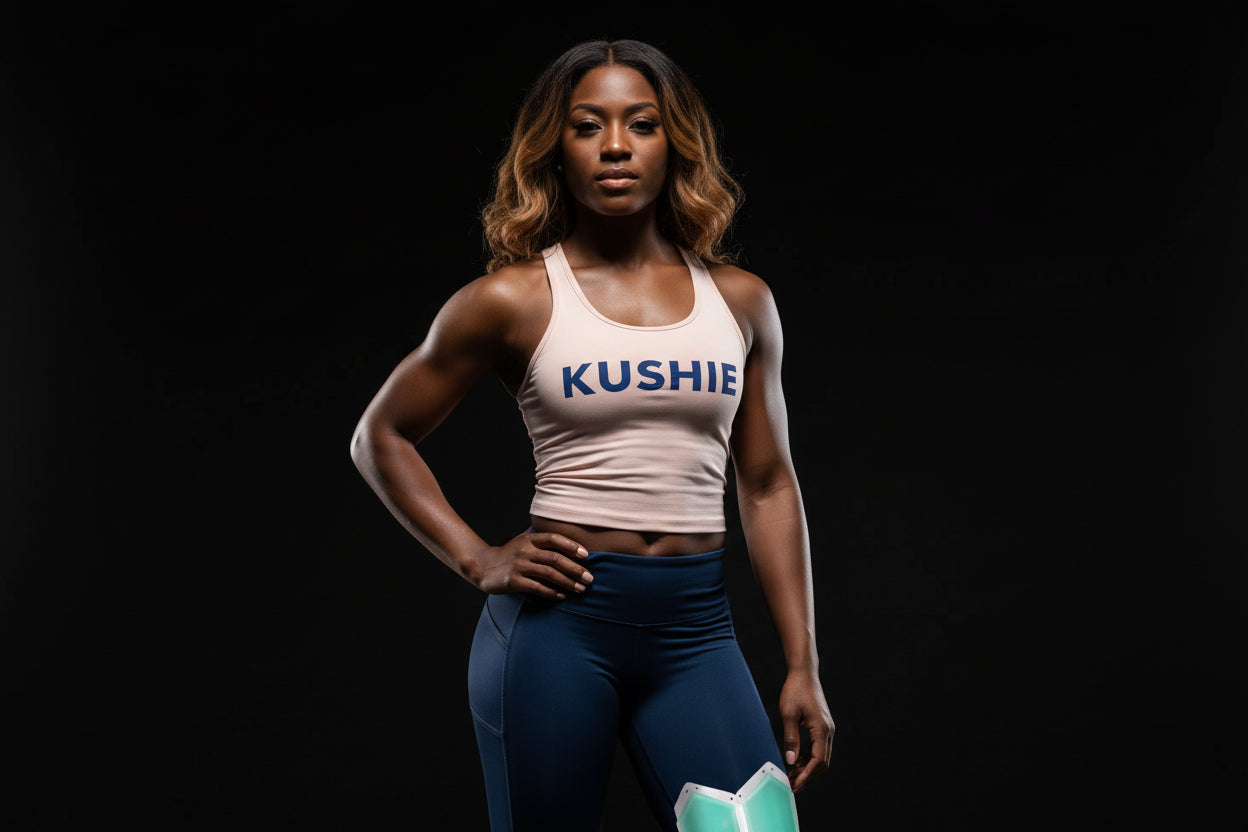 Woman in athletic wear with a glowing green patch on a black background