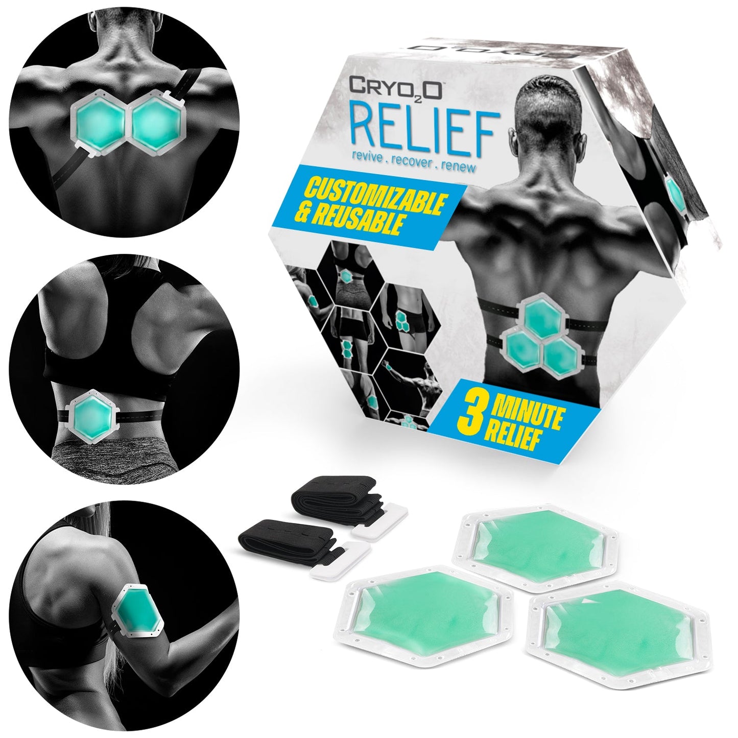 Cryo Relief product packaging with hexagonal cooling pads on a white background