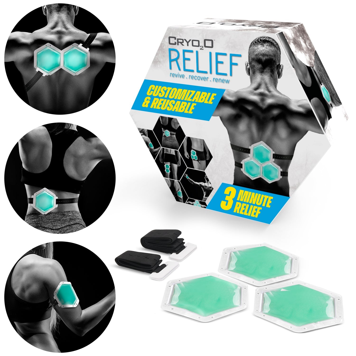Cryo Relief product packaging with hexagonal cooling pads on a white background