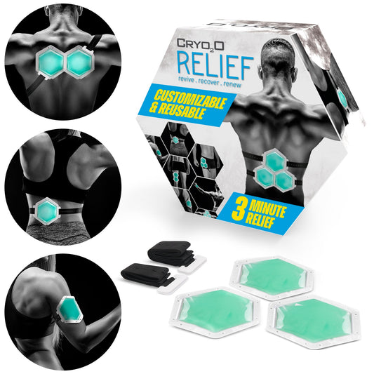 Cryo Relief product packaging with hexagonal cooling pads on a white background